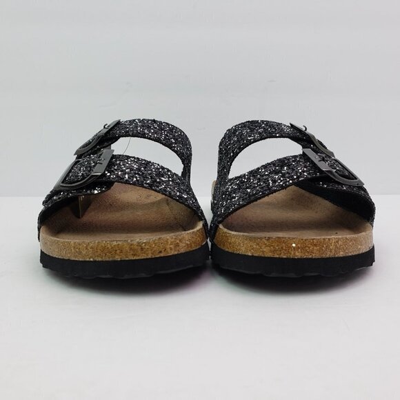 NEW Seekavan Womens Size 6-6.5 Black Glitter Leather Slip On 2 Strap Sandals - Picture 6 of 10